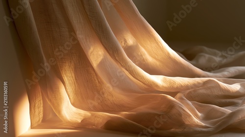 Soft curtains gently illuminated by sunlight.