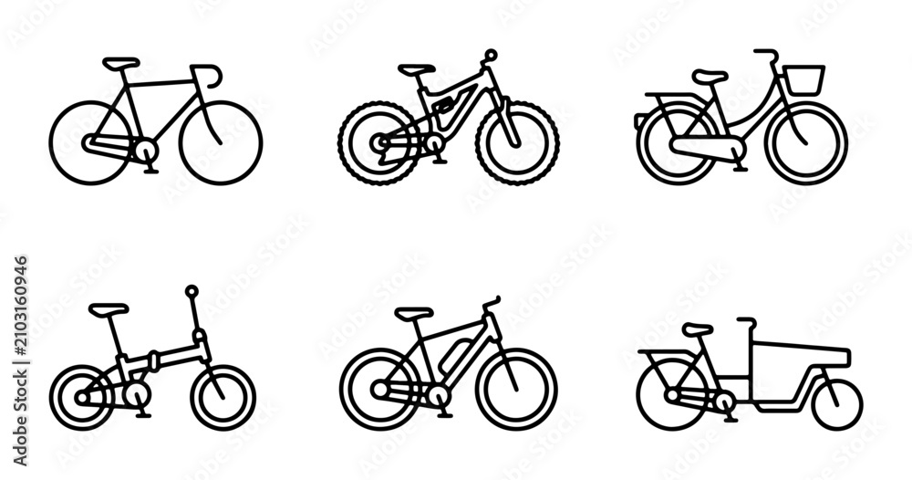 Obraz premium Bicycle Icons Set: Road, Mountain, City, Folding, Electric, Tandem Bikes Vector Collection