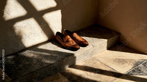 Stylish shoes resting on stone steps in sunlight.