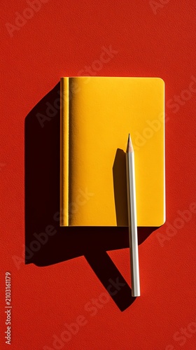Bright yellow notebook on a vibrant red surface.