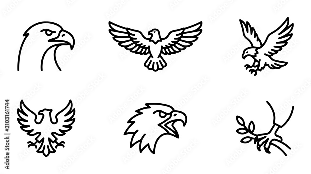 Naklejka premium Eagle Icons Set, Majestic Bird Graphics, Heraldic Symbols, Vector Art Collection