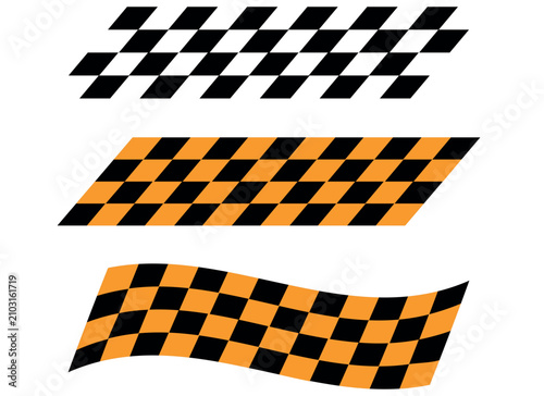 Set of black and orange checkered racing flags with various distorted and wavy design patterns.