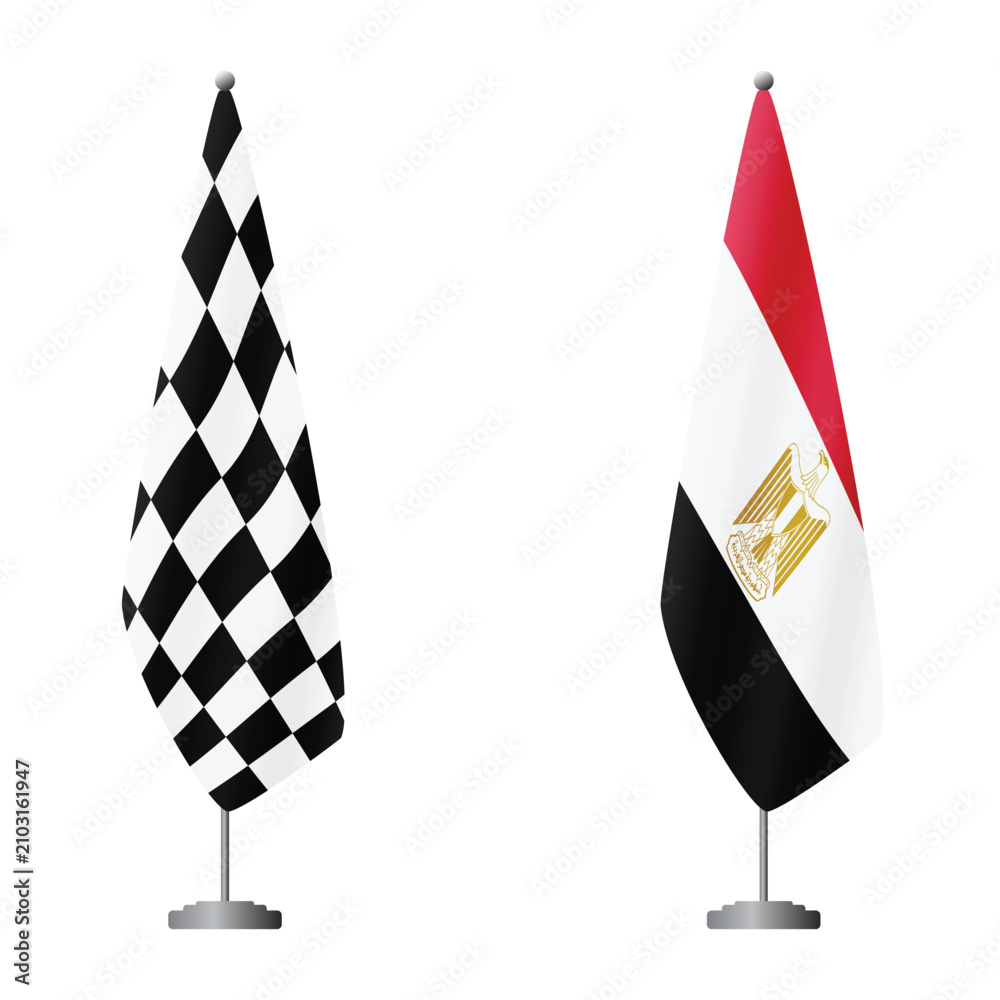 Obraz premium Checkered and Egypt flags on flagpoles for official ceremonies and meetings, transparent background vector