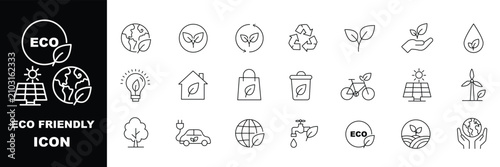 Eco friendly outline icon set for sustainable living and environmental conservation