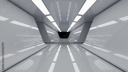 Futuristic white spaceship corridor with bright neon lights