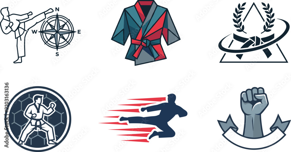 Fototapeta premium Martial arts karate taekwondo minimalist line logo badge set featuring geometric low poly uniform gi icons fighter high kick black belt and punch fist