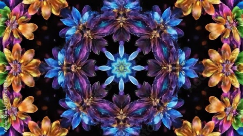 Vibrant floral kaleidoscope pattern with blue and orange flowers