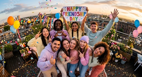 Happy friends celebrating together on rooftop with smiles colorful decorations and joyful friendship