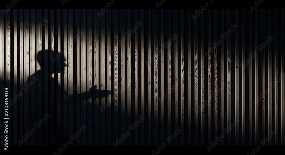 Fototapeta premium Shadow of person holding handgun on wooden wall