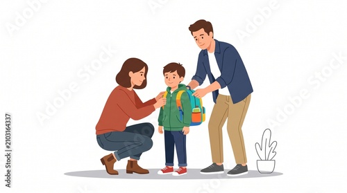 Parents helping their son get ready for school with a backpack and jacket