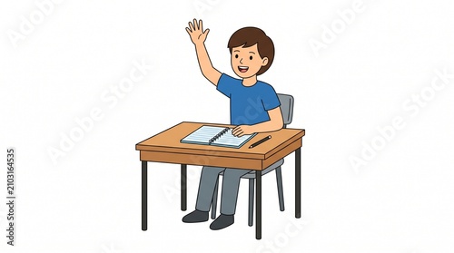Young boy raising hand to answer question in classroom during back to school season