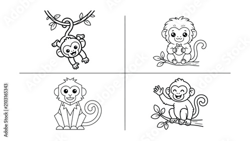 Photography Four adorable cartoon monkeys in different playful poses with transparent backgr