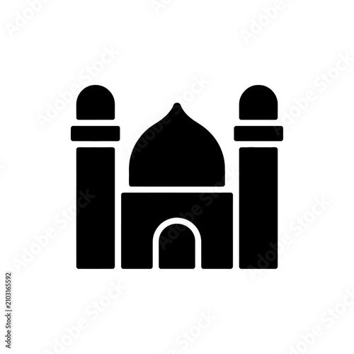 Simple mosque silhouette icon with double minarets and central dome structure art.