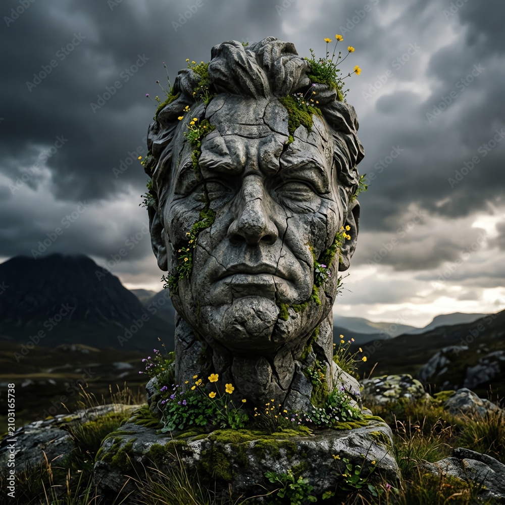 Obraz premium Ancient Stone Head Sculpture Overgrown with Nature in Moody Landscape
