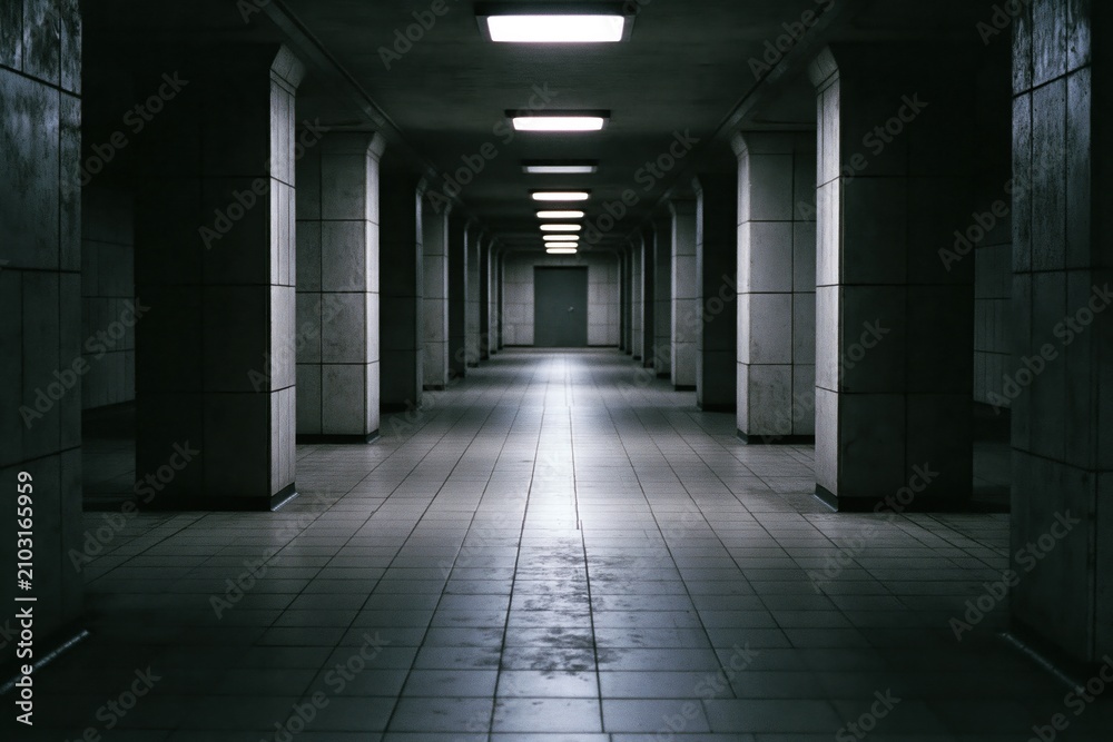 Obraz premium The Long Underground Corridor with Dim Fluorescent Lighting and Perspective