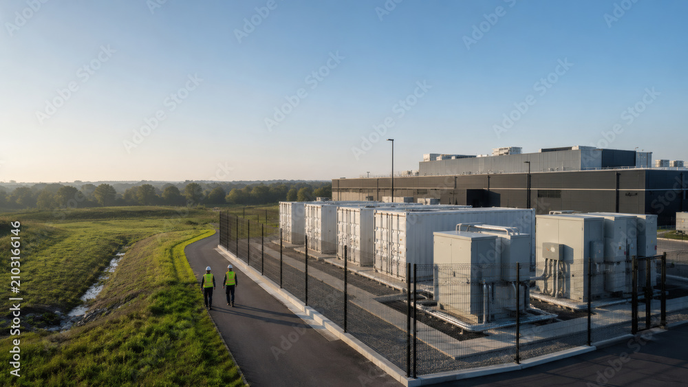 Fototapeta premium Modern Data Center Campus with Power Infrastructure and Technicians at Sunrise