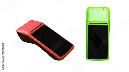 Red and green electronic card payment terminals isolated on transparent
