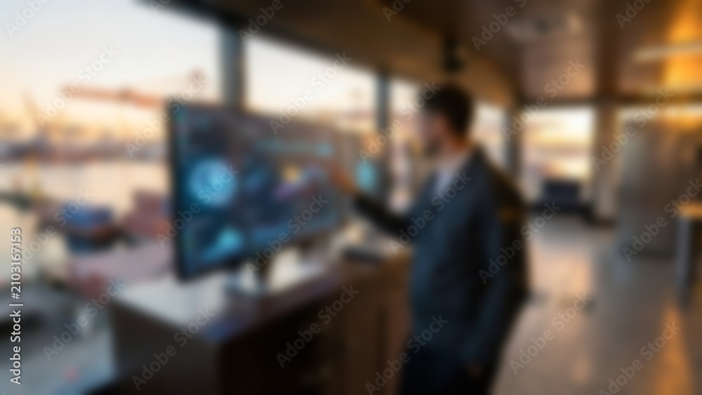 Obraz premium Blurred defocused office workplace technology background with soft bokeh and copy space for text