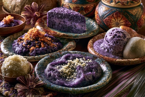 Traditional Filipino Ube Desserts with Purple Yam Halaya Cake Ice Cream and Pastries