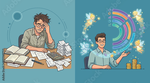 Flat vector comparison of a man stressed by piles of paperwork and a calculator versus a man successfully managing finances with magical infographics, fairies, and coins.