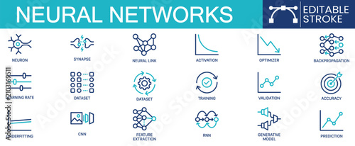 фотографія Set of 18 outline icons related to neural networks