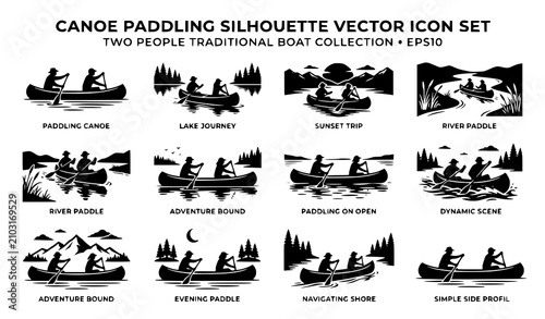 Design an original vector collection of 32 black canoe icons isolated on a solid white background. Feature two men, two women, and mixed-gender paddlers working together in traditional canoes from sid