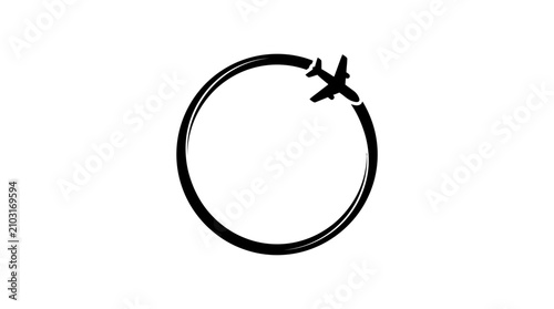 A minimalist black and white illustration of an airplane flying in a circular path, leaving a dashed trail, symbolizing travel or continuous journey.