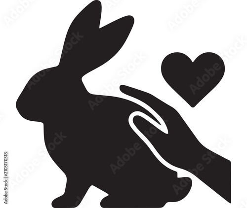 Schilderij op canvas Black and White Vector Illustration of a Rabbit Silhouette with Heart Icons, Min
