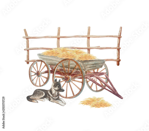 Watercolor rustic farm scene with vintage wooden cart full of hay, old fence and cute dog lying on grass. Isolated element hand drawn illustration for country cottagecore autumn design