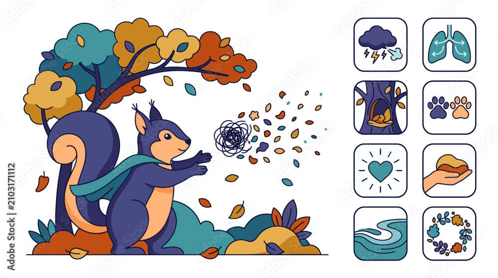 Fototapeta premium Flat vector illustration of a purple squirrel in a cape standing near an autumn tree with falling leaves, plus eight concept icons depicting weather, health, and nature symbols.