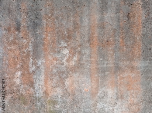 Background texture: detail of an aged cement wall with different kinds of colored lichen and microscopic algae. Background texture, old cement wall marked by reddish streaks caused by a microscopic al