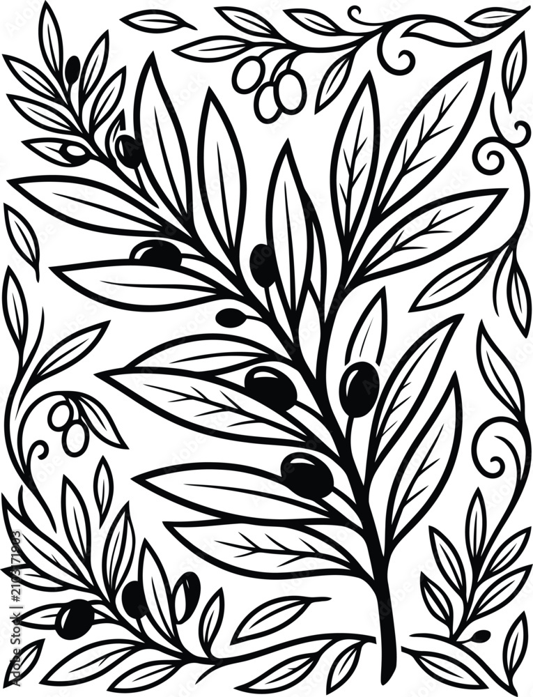Fototapeta premium A intricate botanical black and white line illustration sketch featuring an olive tree branch laden with ripe fruit.