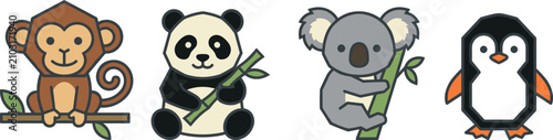 Photography Cartoon animal vector illustration featuring monkey, panda, koala, and penguin w