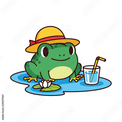 Frog in hat on lily pad with drink