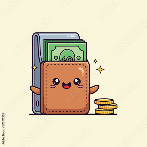 Cartoon wallet with money and coins smiling