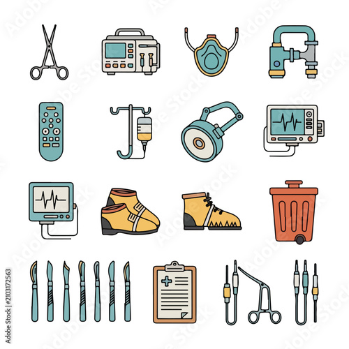 Medical equipment and hospital tools icons