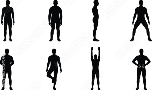 Bild auf Leinwand Silhouette set of male human body figure in various front and side standing pose