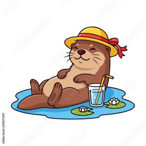 Otter relaxing in water with hat and drink