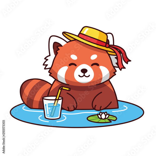 red panda in water with hat and drink
