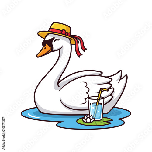 cartoon swan in water with hat and sunglasses drinks from glass