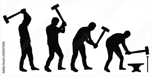 Bilde på lerret Silhouettes of a blacksmith hammering metal on an anvil vector illustration