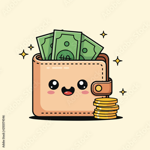 Cartoon wallet with money and coins smiling