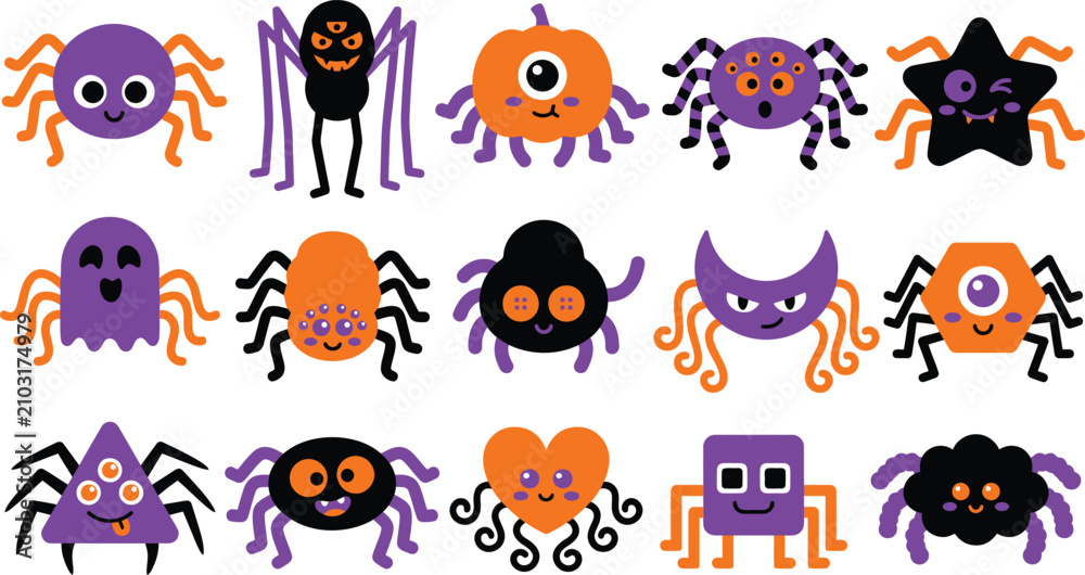 Obraz premium Cute halloween spiders collection colorful cartoon insect vector graphics