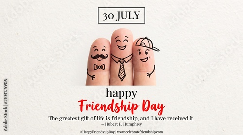 Three fingers drawn as smiling characters celebrating friendship day with a quote on white background with close up celebration typography with moustache