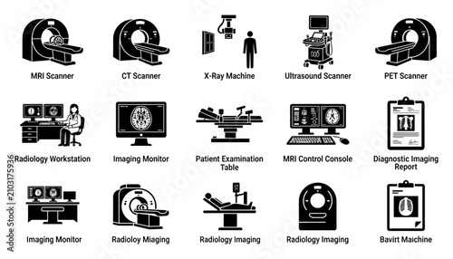 Medical Imaging Equipment Icons Including Mri Scanner, Ct Scanner, X-Ray Machine, Ultrasound Scanner, Pet Scanner, Radiology Works
