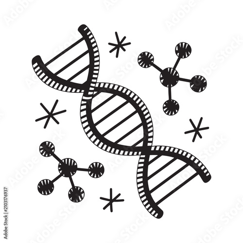 Dna double helix and molecular structures black silhouette on white background
