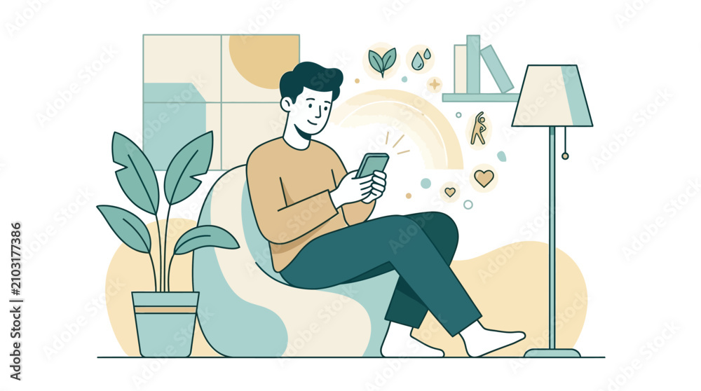 Obraz premium Flat vector illustration of a man sitting in a beanbag chair at home using a smartphone, featuring icons for wellness and social media, minimalist interior with plant and lamp.