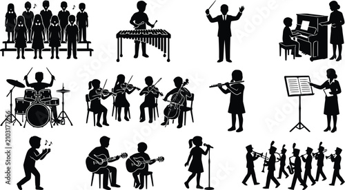 Foto Collection of black silhouettes depicting children participating in various musi