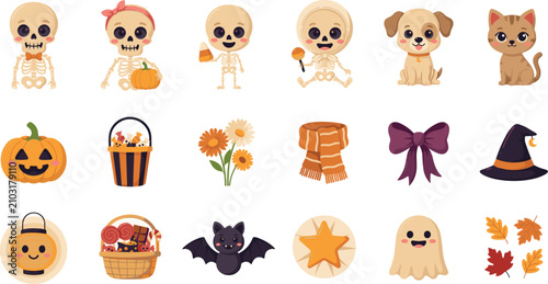 Obraz na płótnie Cute Halloween vector icon set featuring funny skeletons pumpkin ghost bat candy