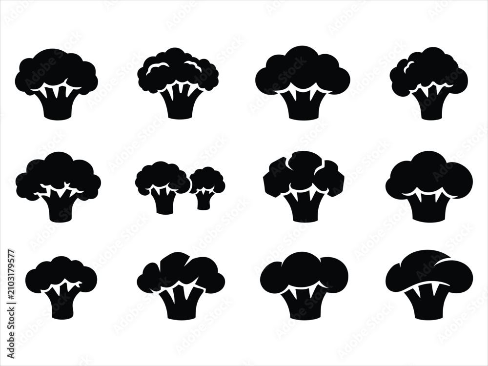 Obraz premium Set of broccoli vegetable icons in black silhouette style with broccoli